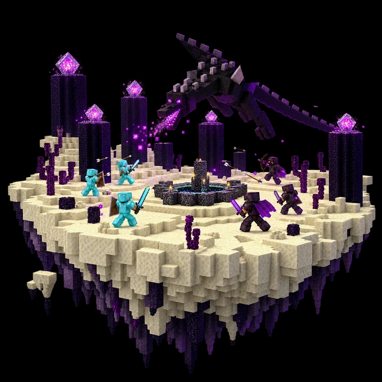 A floating End island of pale stone with obsidian pillars topped by glowing crystals, a central dark portal, armoured players battling in teams, and a black dragon with purple wings breathing purple fire overhead.